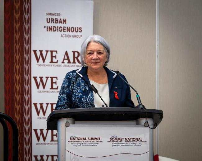 Governor General Mary Simon standing at a podium.